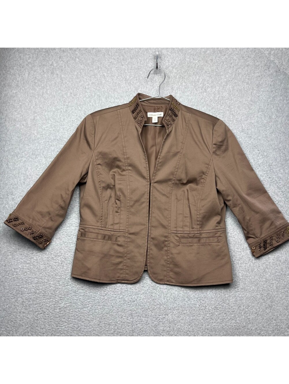 Coldwater Creek Brown Beaded Mandarin Collar Jacket Petite P14 Boho Artisan Chic